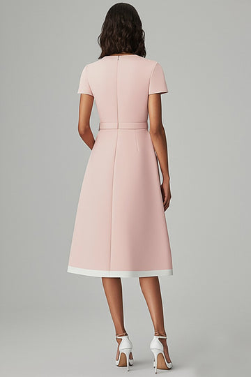 Boat Neck Pink A Line Work Dress with Belt